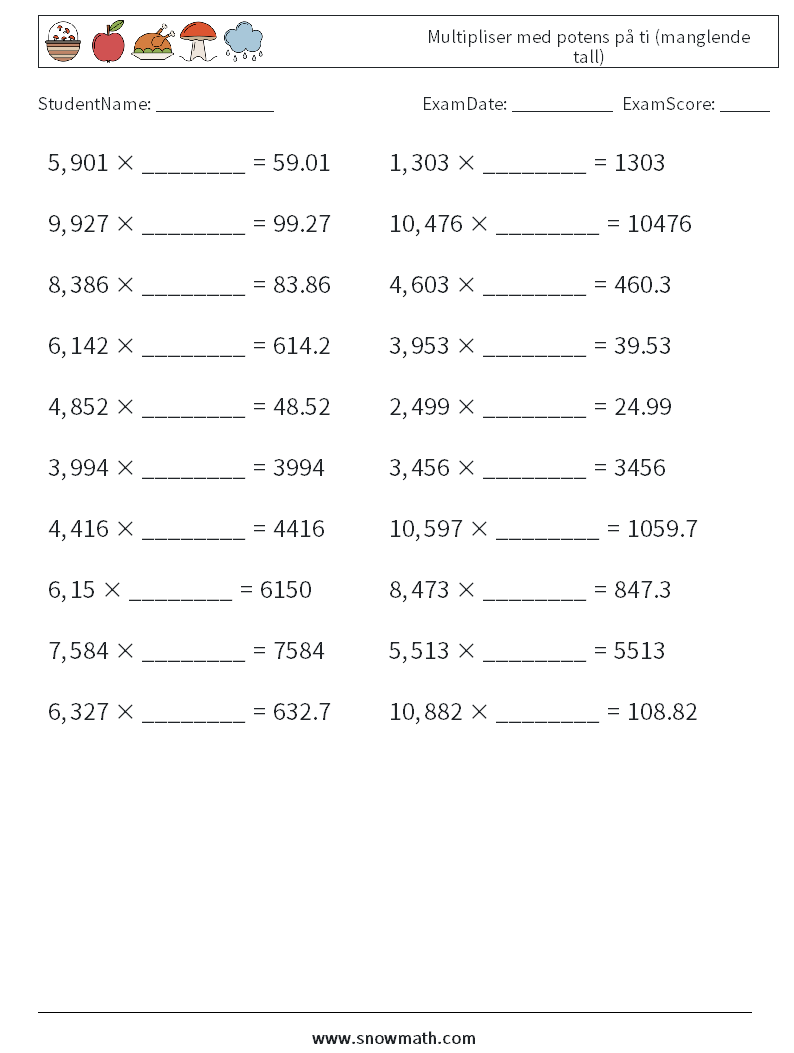 Multipliser med potens på ti (manglende tall) MathWorksheets 11