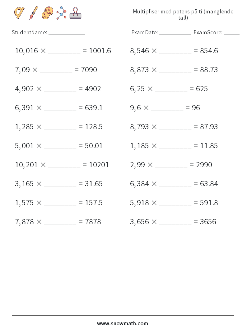 Multipliser med potens på ti (manglende tall) MathWorksheets 12