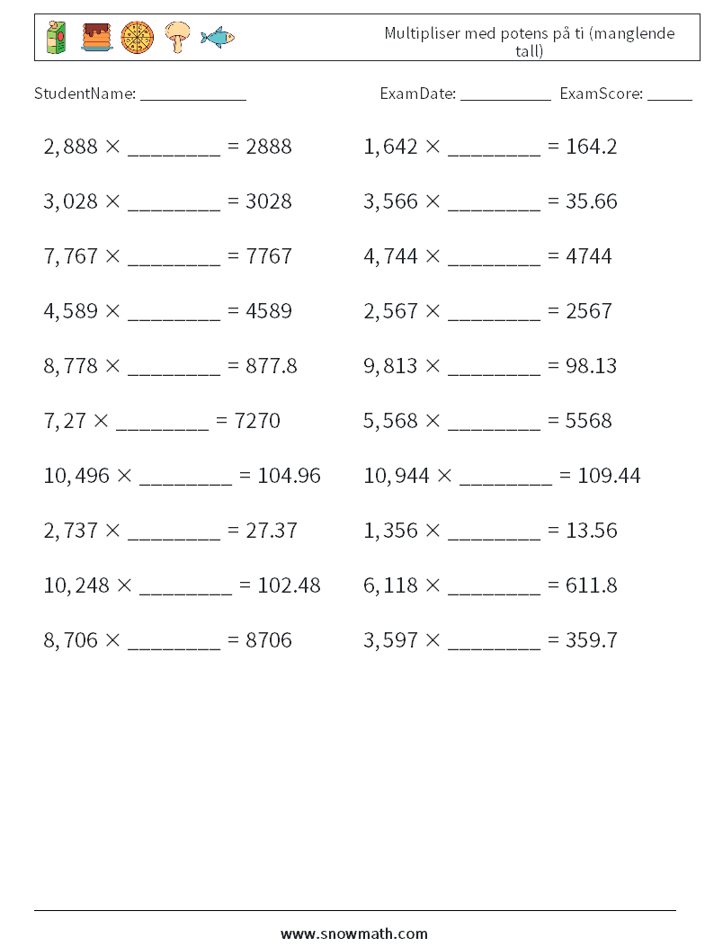 Multipliser med potens på ti (manglende tall) MathWorksheets 13