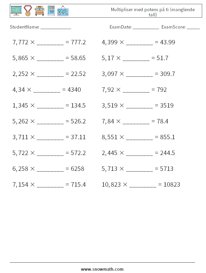 Multipliser med potens på ti (manglende tall) MathWorksheets 14