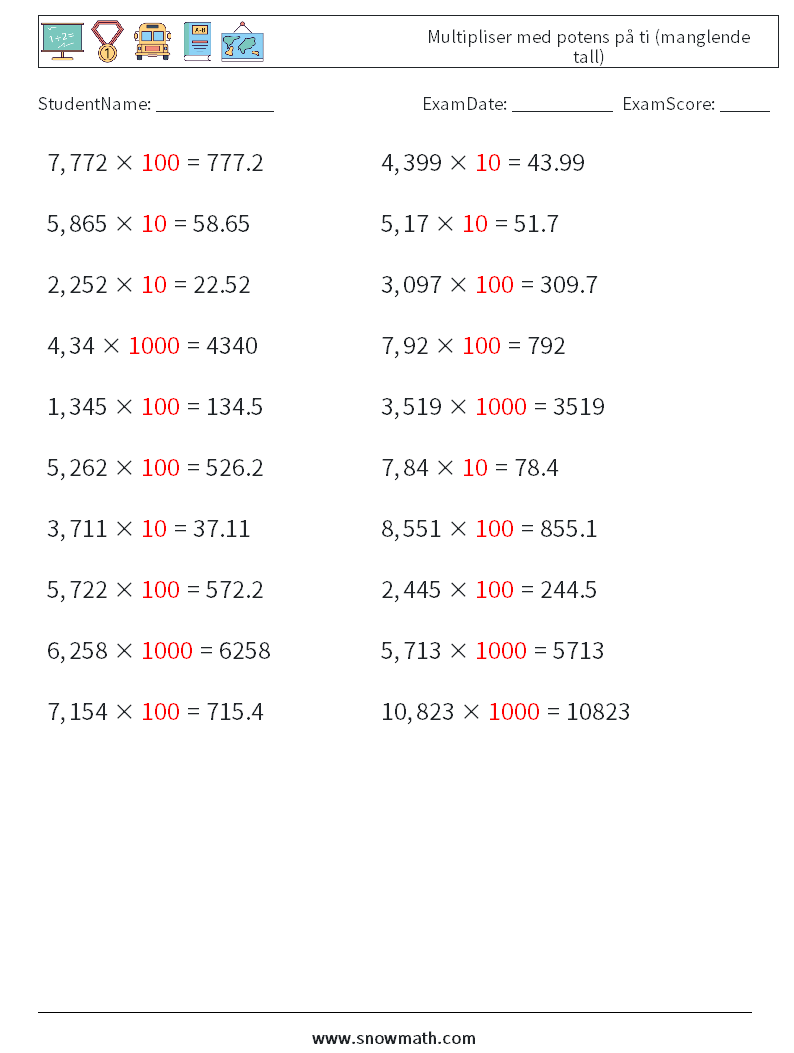 Multipliser med potens på ti (manglende tall) MathWorksheets 14 QuestionAnswer