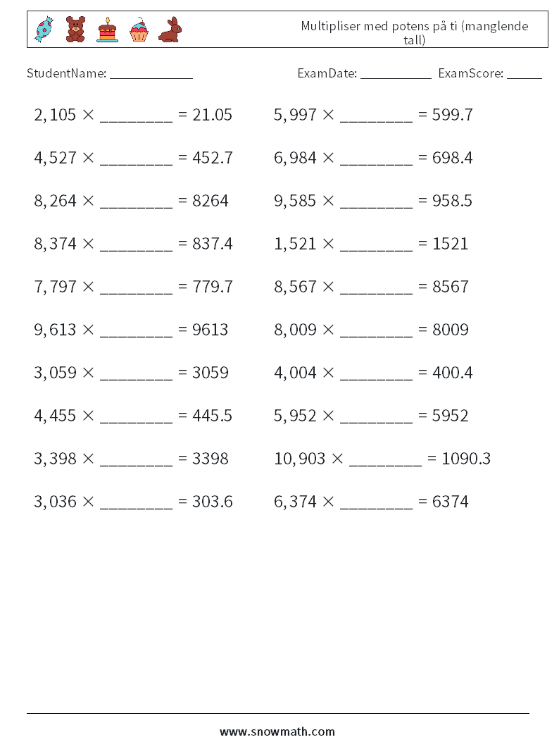 Multipliser med potens på ti (manglende tall) MathWorksheets 15