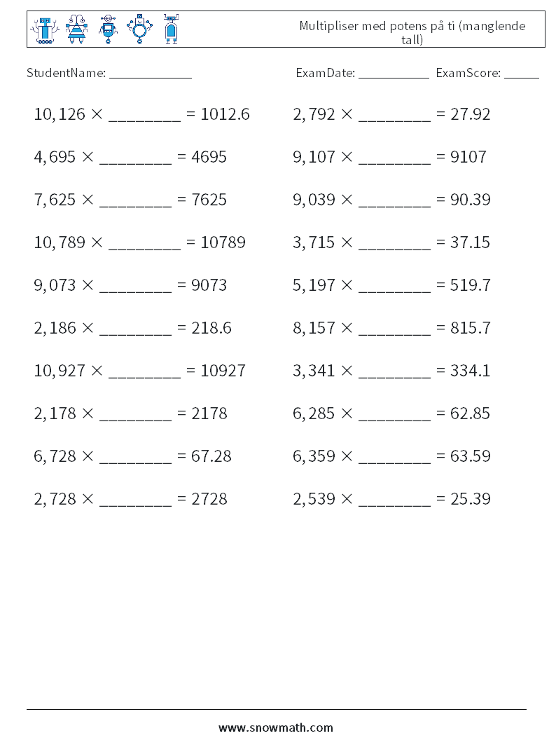 Multipliser med potens på ti (manglende tall) MathWorksheets 16