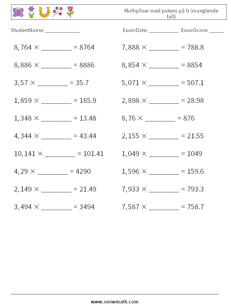 Multipliser med potens på ti (manglende tall) MathWorksheets 17