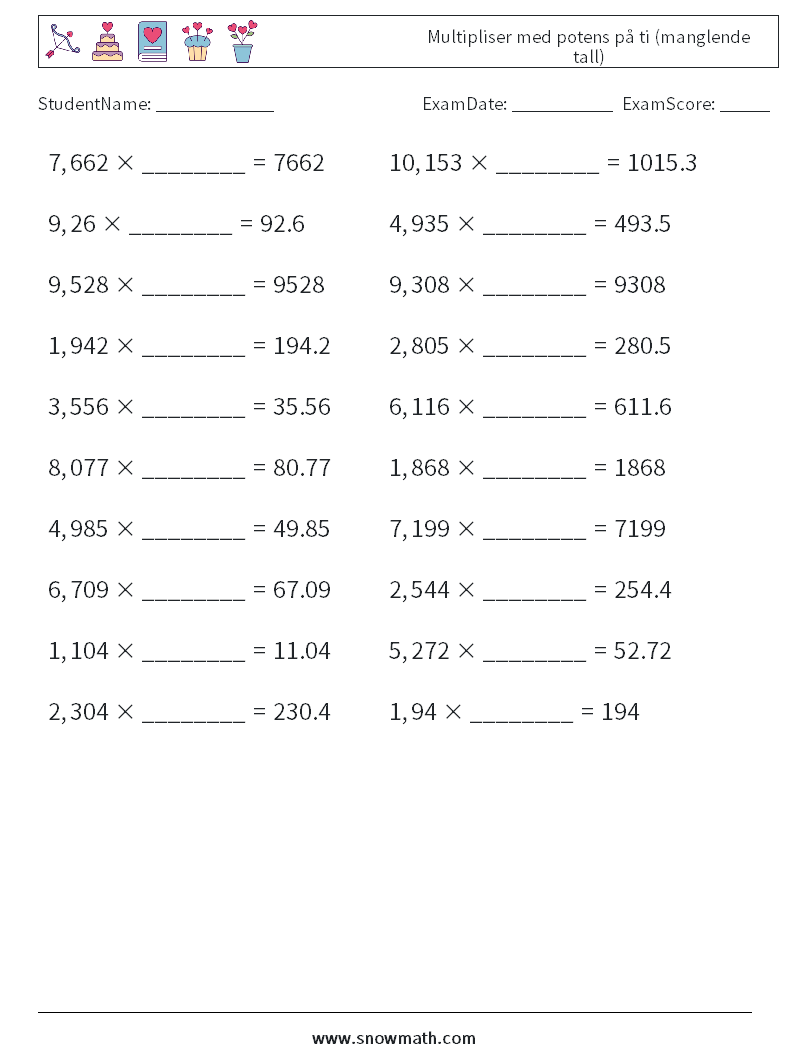 Multipliser med potens på ti (manglende tall) MathWorksheets 18