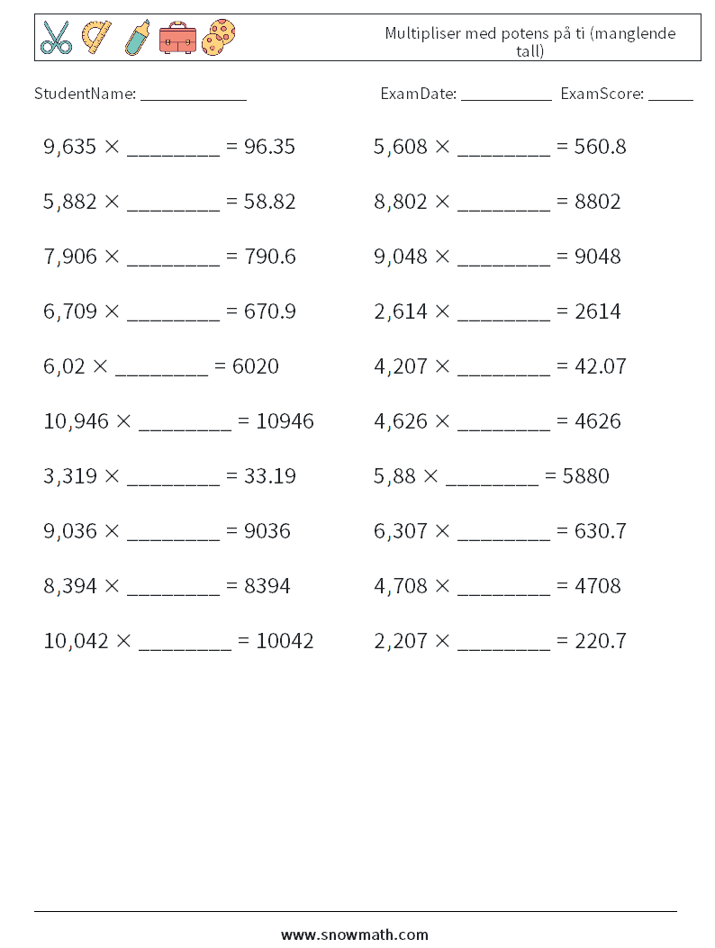 Multipliser med potens på ti (manglende tall) MathWorksheets 2