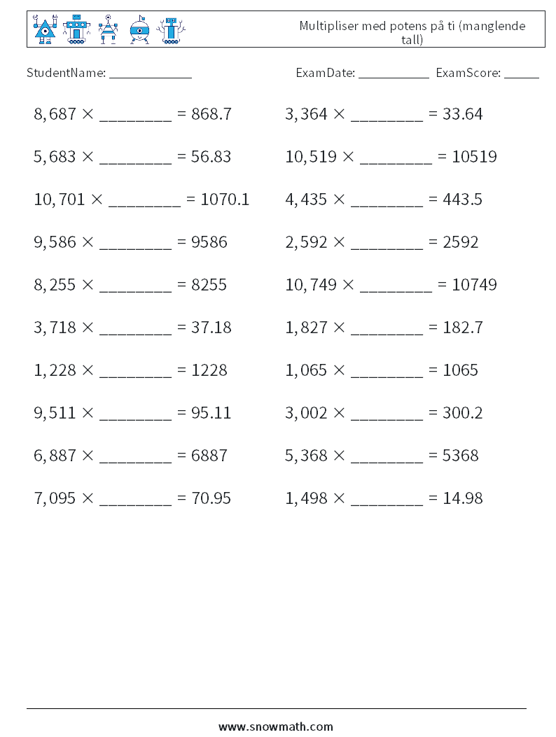 Multipliser med potens på ti (manglende tall) MathWorksheets 3