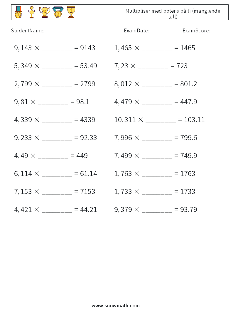 Multipliser med potens på ti (manglende tall) MathWorksheets 4
