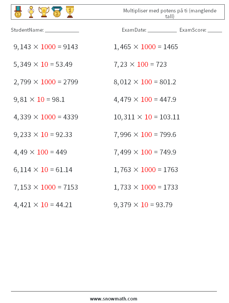 Multipliser med potens på ti (manglende tall) MathWorksheets 4 QuestionAnswer