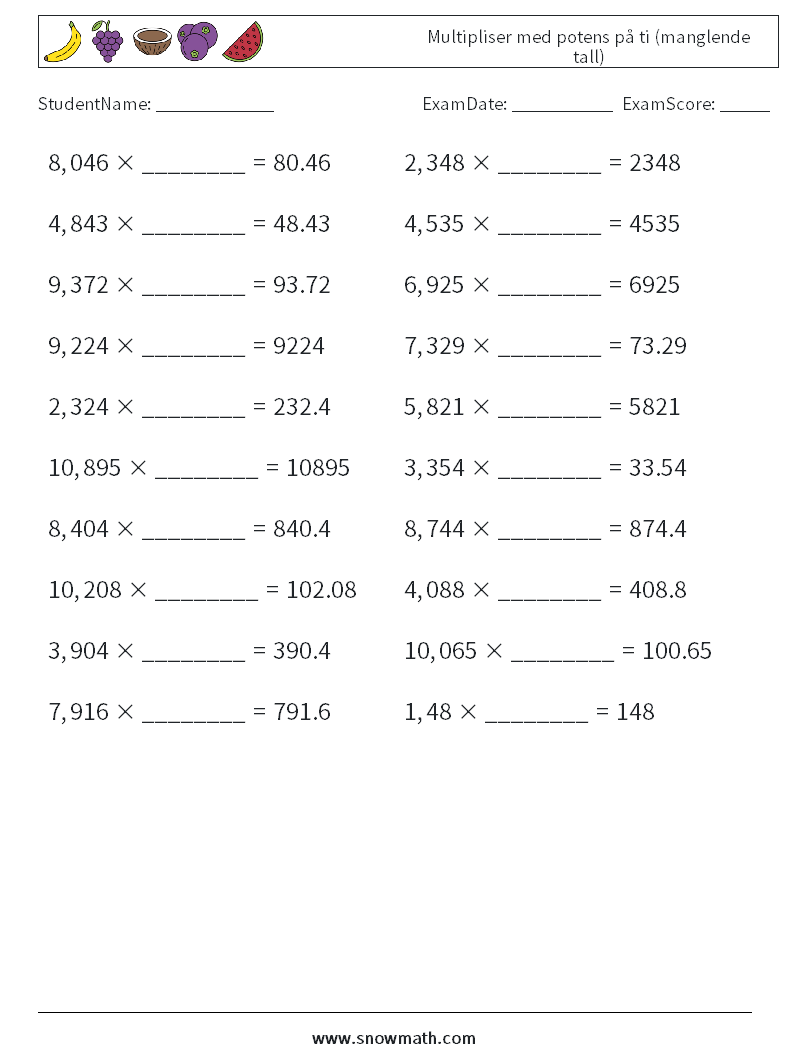 Multipliser med potens på ti (manglende tall) MathWorksheets 5