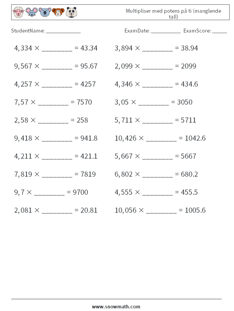Multipliser med potens på ti (manglende tall) MathWorksheets 6