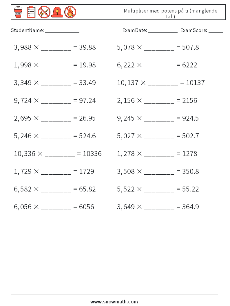 Multipliser med potens på ti (manglende tall) MathWorksheets 7