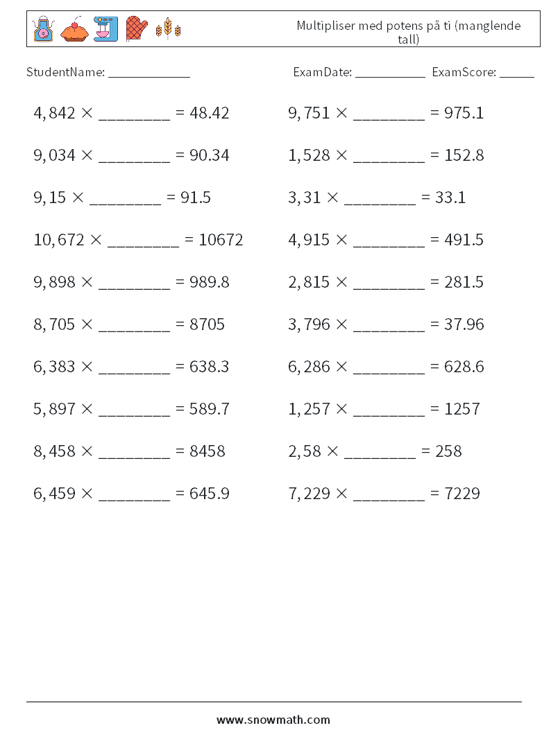 Multipliser med potens på ti (manglende tall) MathWorksheets 8