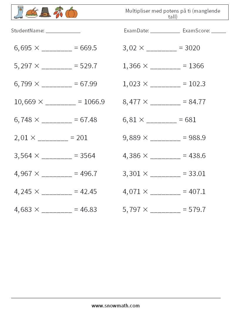 Multipliser med potens på ti (manglende tall) MathWorksheets 9