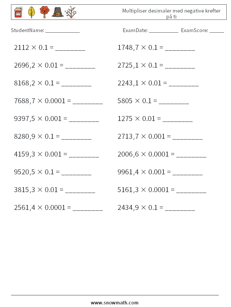 Multipliser desimaler med negative krefter på ti MathWorksheets 1