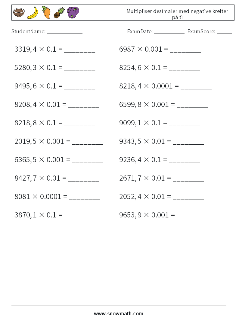 Multipliser desimaler med negative krefter på ti MathWorksheets 11