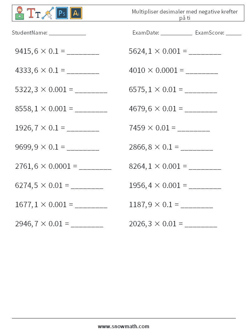 Multipliser desimaler med negative krefter på ti MathWorksheets 12