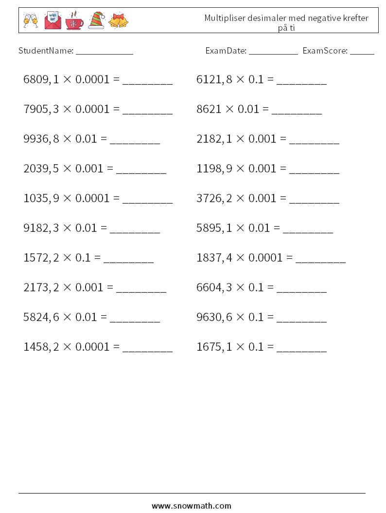 Multipliser desimaler med negative krefter på ti MathWorksheets 14