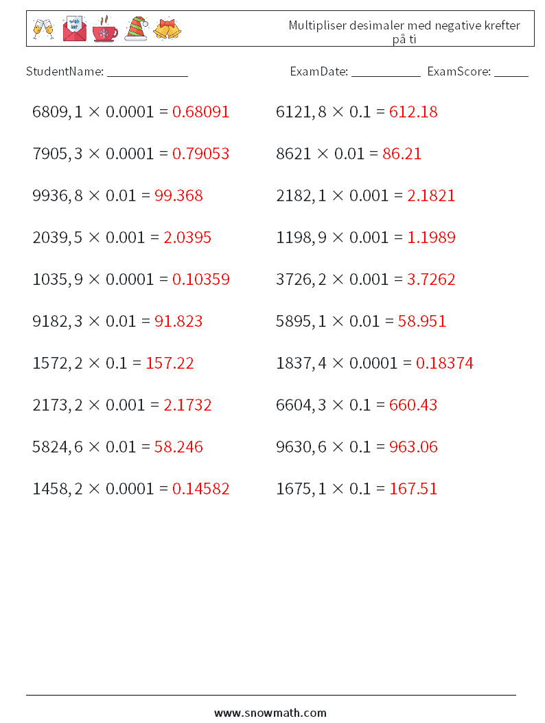 Multipliser desimaler med negative krefter på ti MathWorksheets 14 QuestionAnswer