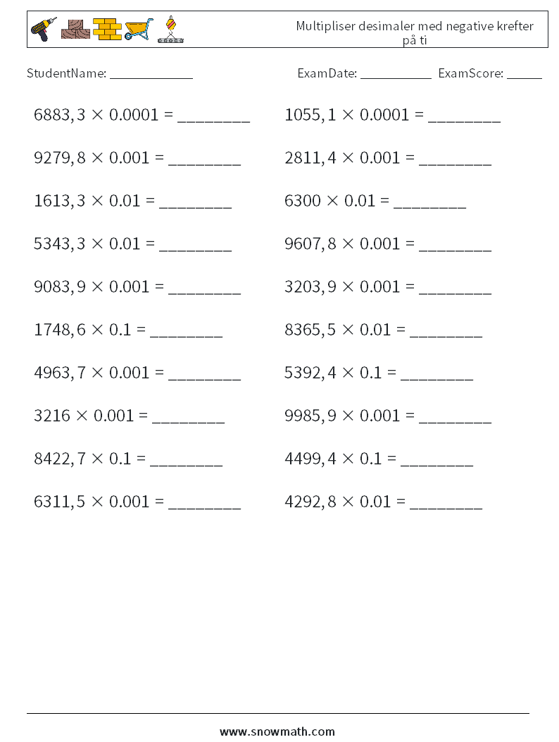Multipliser desimaler med negative krefter på ti MathWorksheets 16