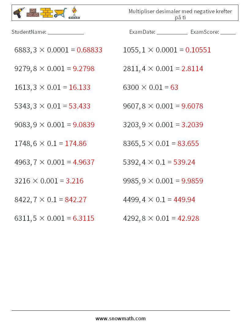Multipliser desimaler med negative krefter på ti MathWorksheets 16 QuestionAnswer