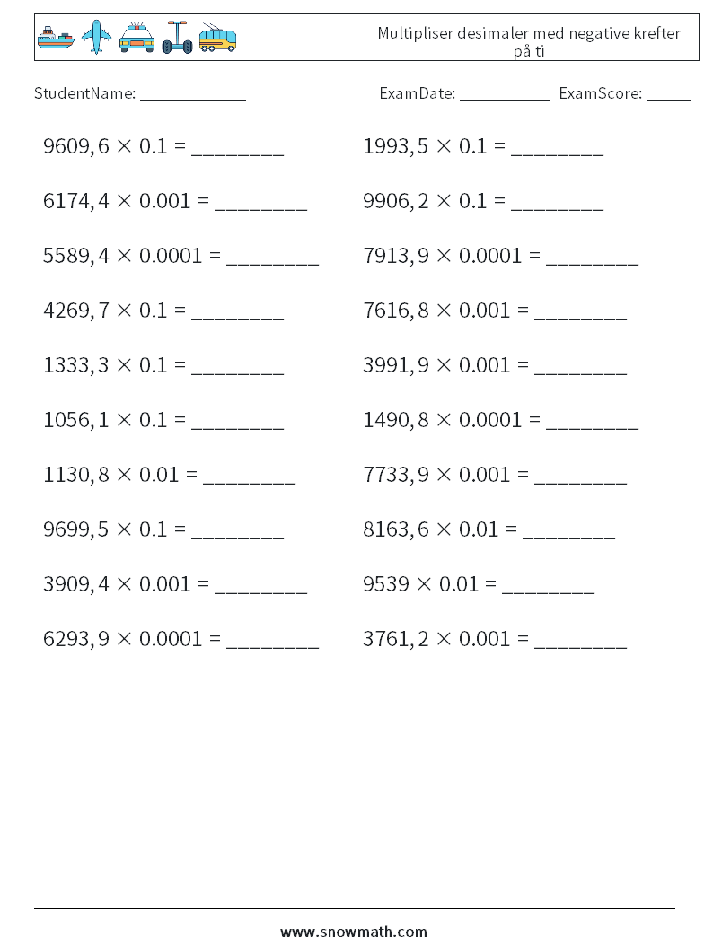Multipliser desimaler med negative krefter på ti MathWorksheets 17