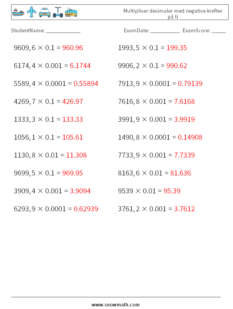 Multipliser desimaler med negative krefter på ti MathWorksheets 17 QuestionAnswer