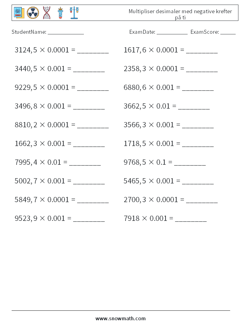 Multipliser desimaler med negative krefter på ti MathWorksheets 18