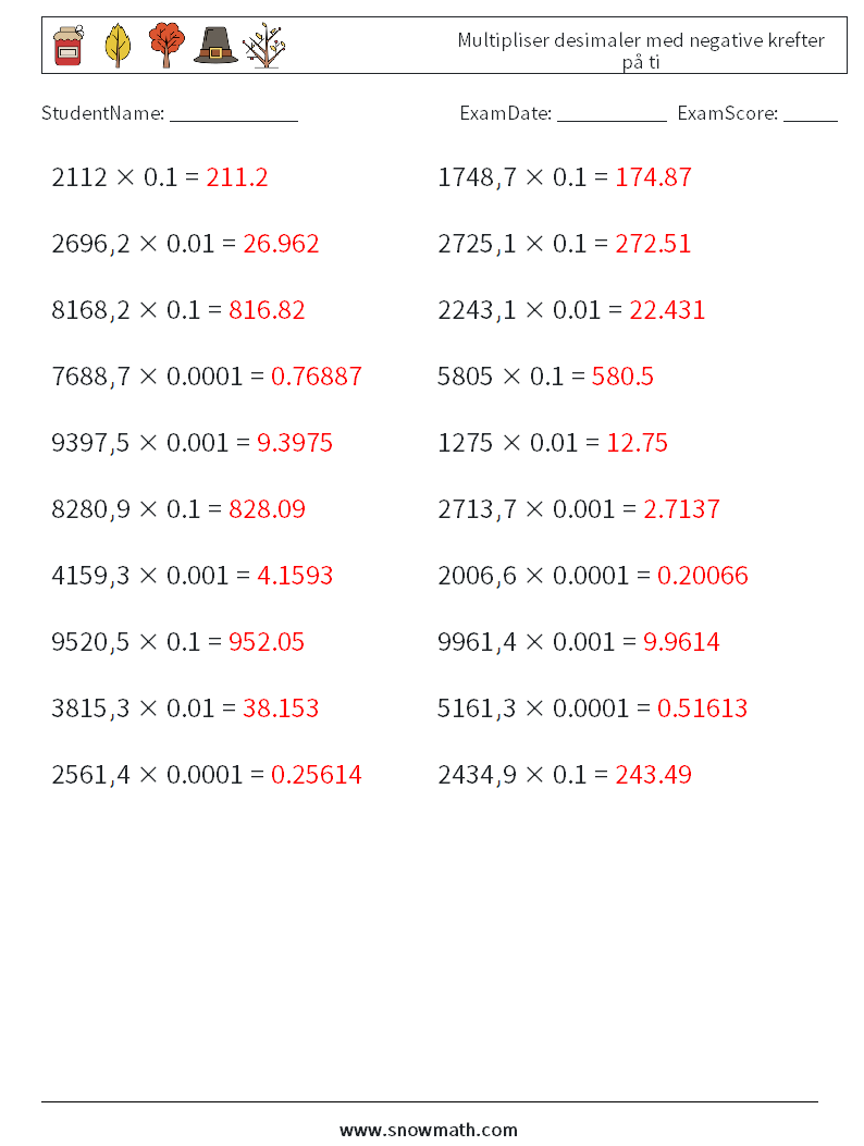 Multipliser desimaler med negative krefter på ti MathWorksheets 1 QuestionAnswer