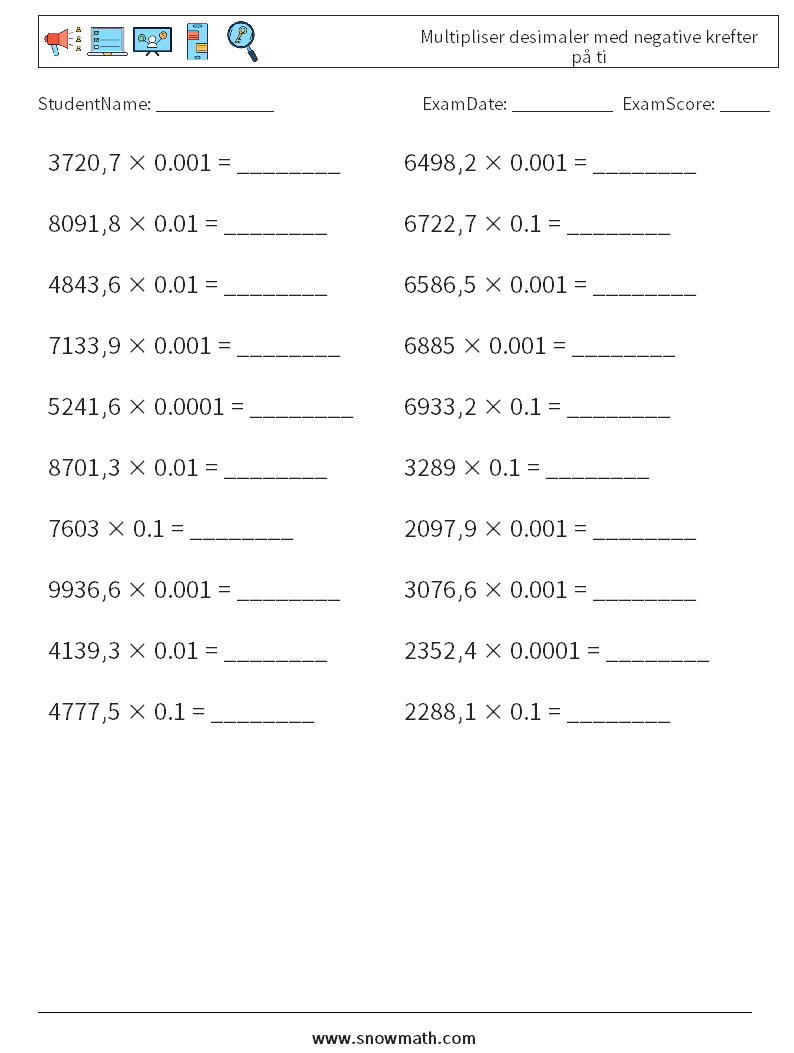 Multipliser desimaler med negative krefter på ti MathWorksheets 2