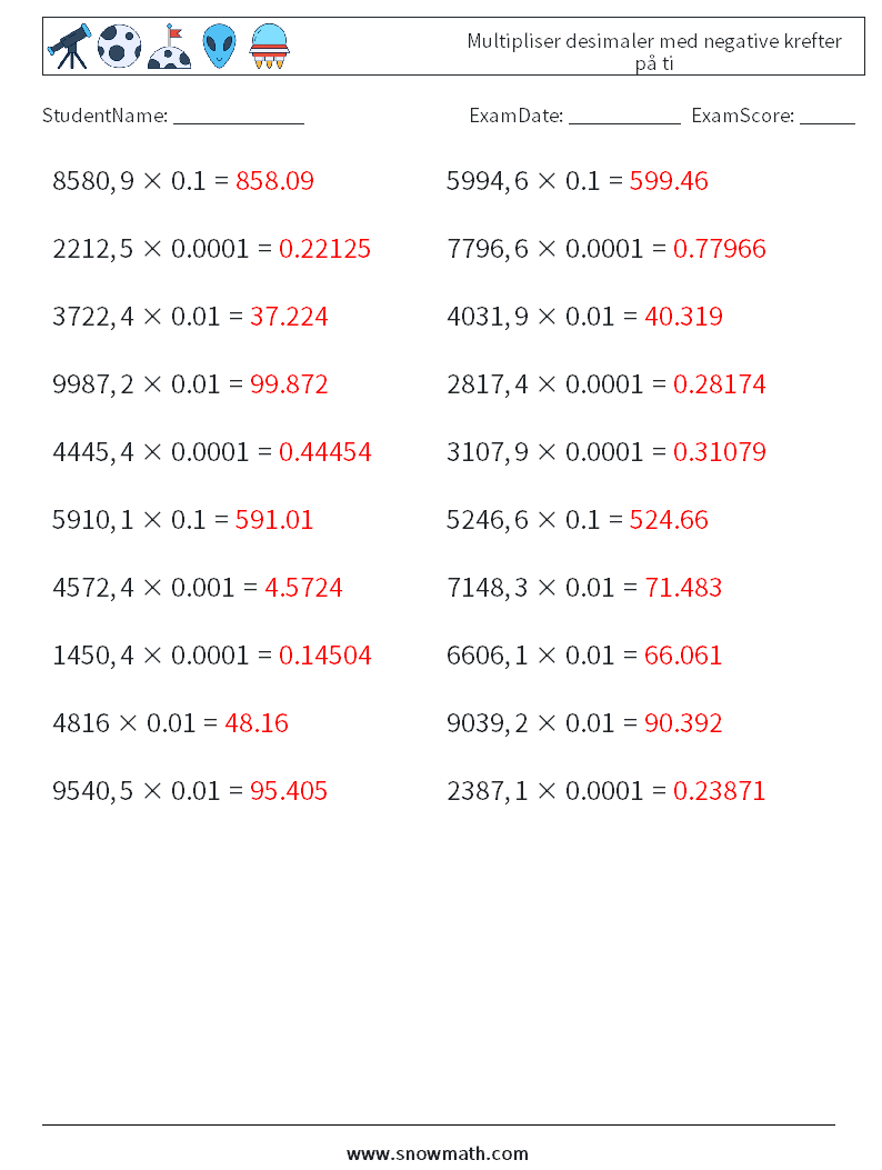 Multipliser desimaler med negative krefter på ti MathWorksheets 3 QuestionAnswer