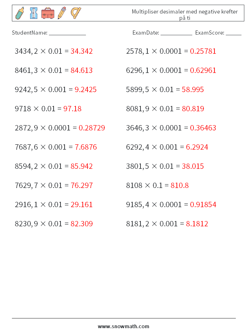 Multipliser desimaler med negative krefter på ti MathWorksheets 4 QuestionAnswer