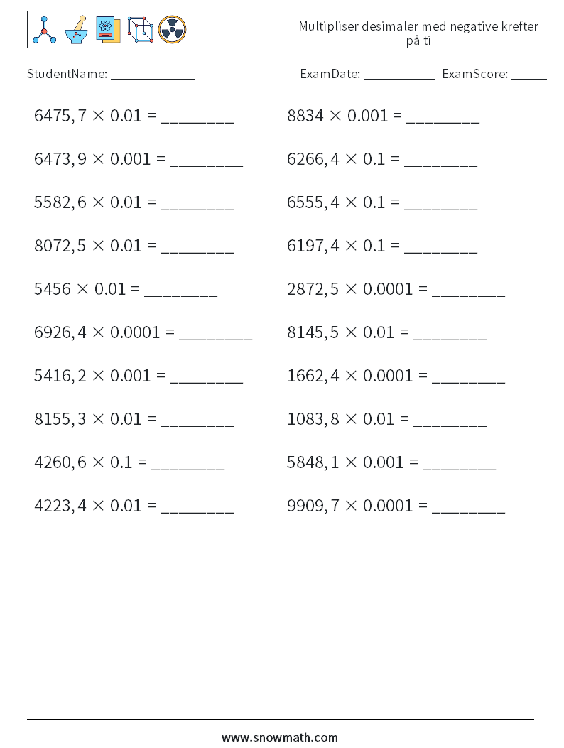 Multipliser desimaler med negative krefter på ti MathWorksheets 5