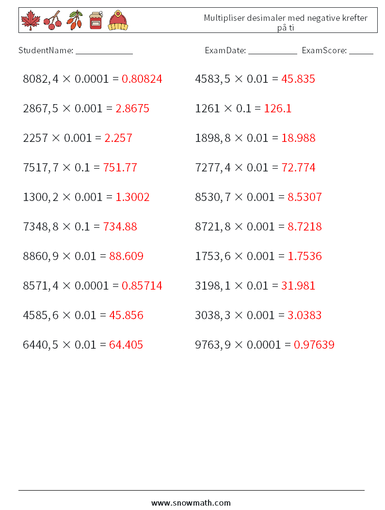 Multipliser desimaler med negative krefter på ti MathWorksheets 6 QuestionAnswer