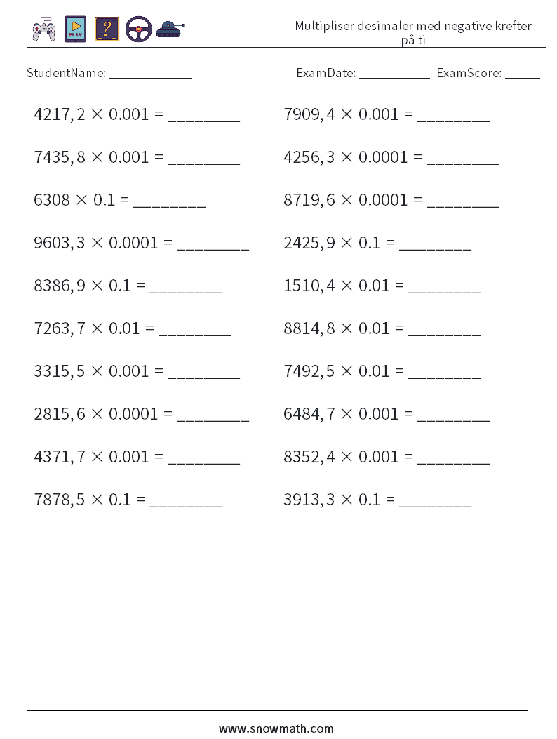 Multipliser desimaler med negative krefter på ti MathWorksheets 7