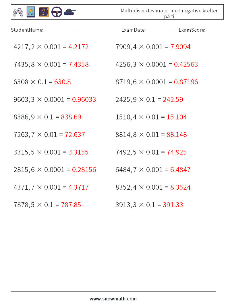 Multipliser desimaler med negative krefter på ti MathWorksheets 7 QuestionAnswer