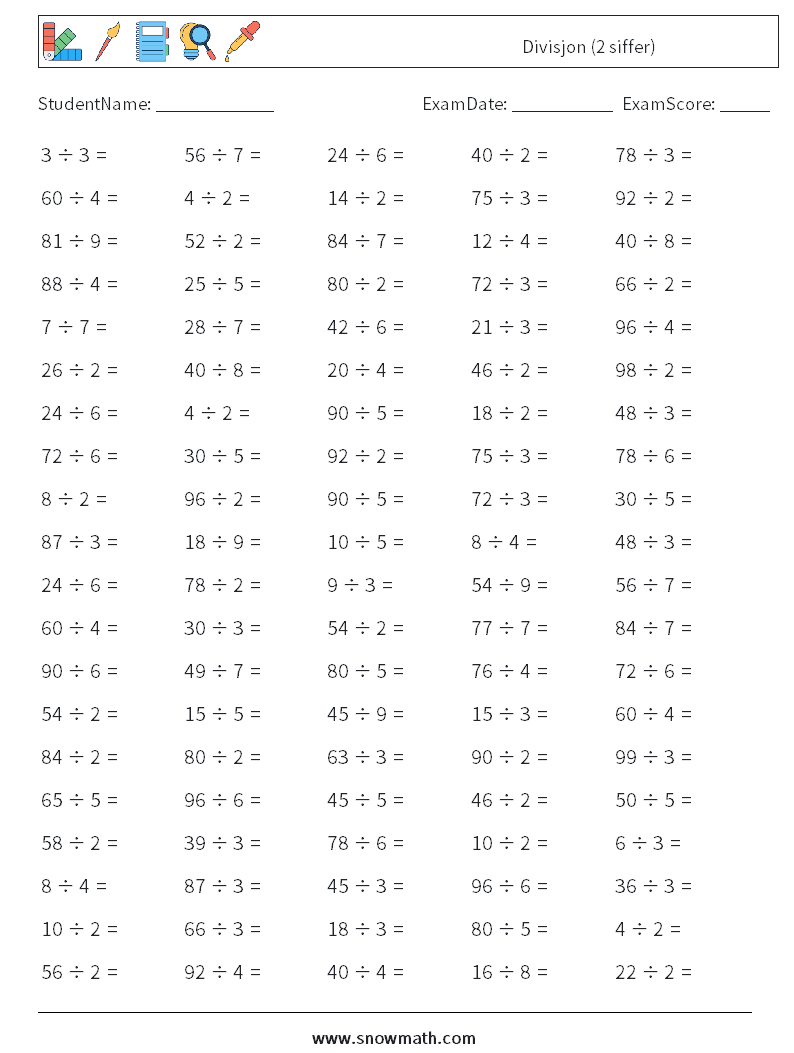 (100) Divisjon (2 siffer) MathWorksheets 1