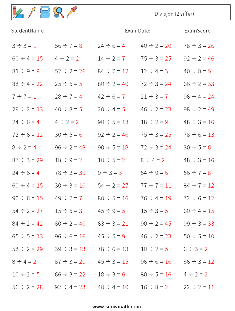 (100) Divisjon (2 siffer) MathWorksheets 1 QuestionAnswer