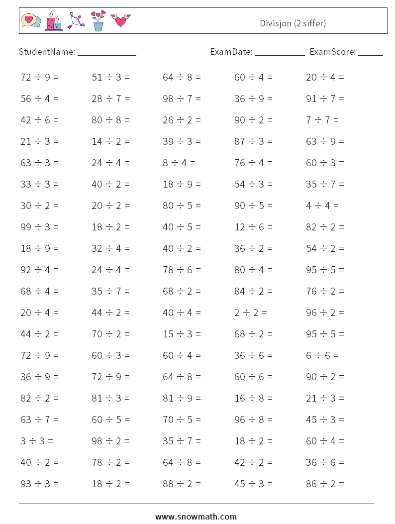(100) Divisjon (2 siffer) MathWorksheets 2