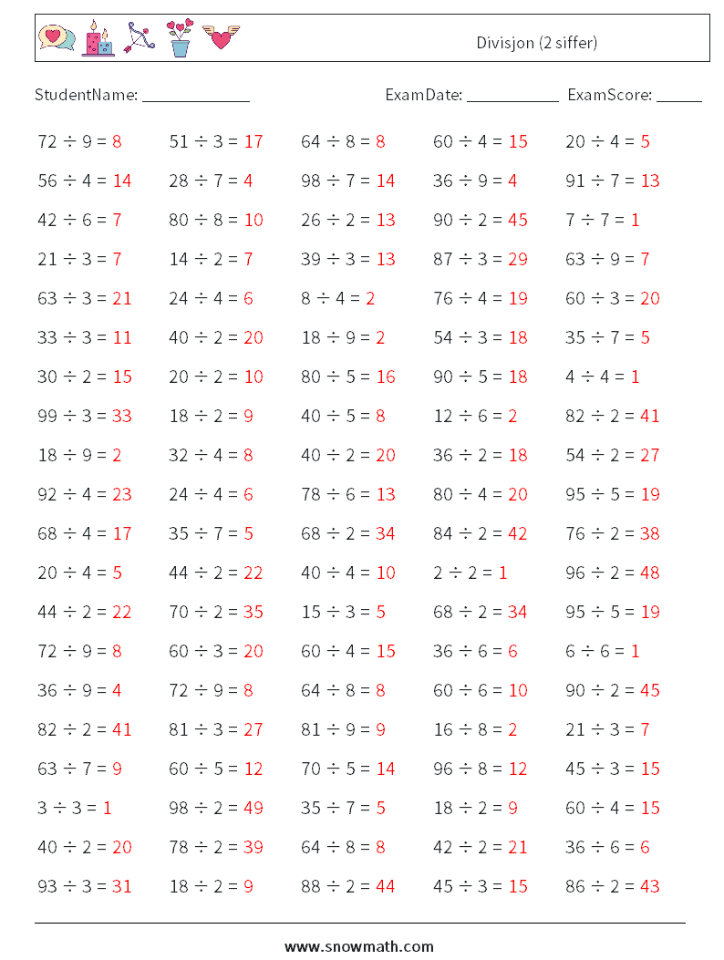 (100) Divisjon (2 siffer) MathWorksheets 2 QuestionAnswer