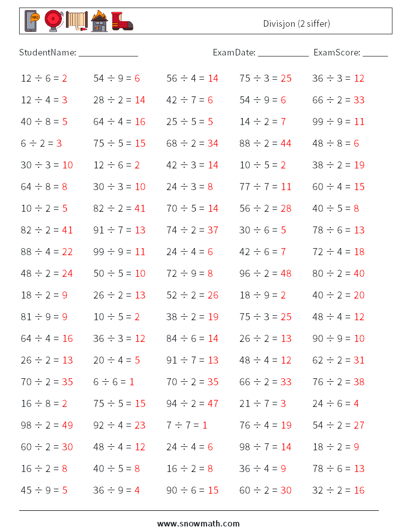 (100) Divisjon (2 siffer) MathWorksheets 3 QuestionAnswer