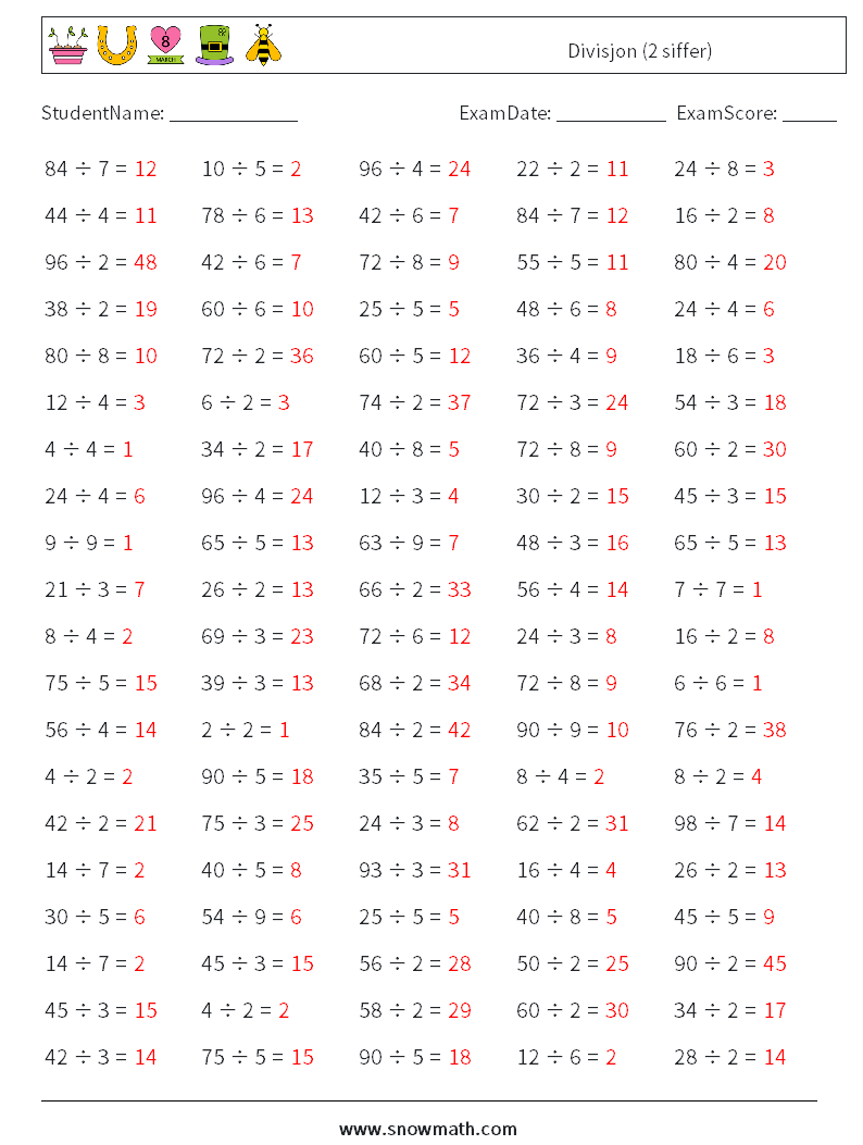 (100) Divisjon (2 siffer) MathWorksheets 4 QuestionAnswer
