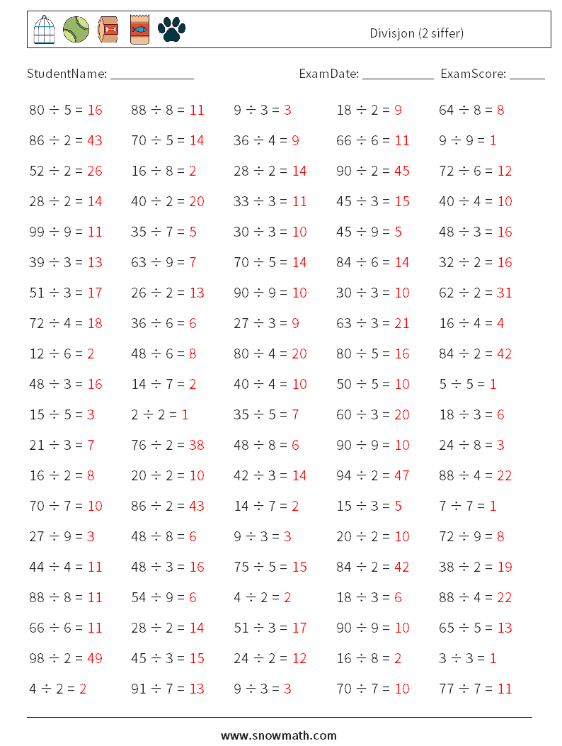 (100) Divisjon (2 siffer) MathWorksheets 5 QuestionAnswer