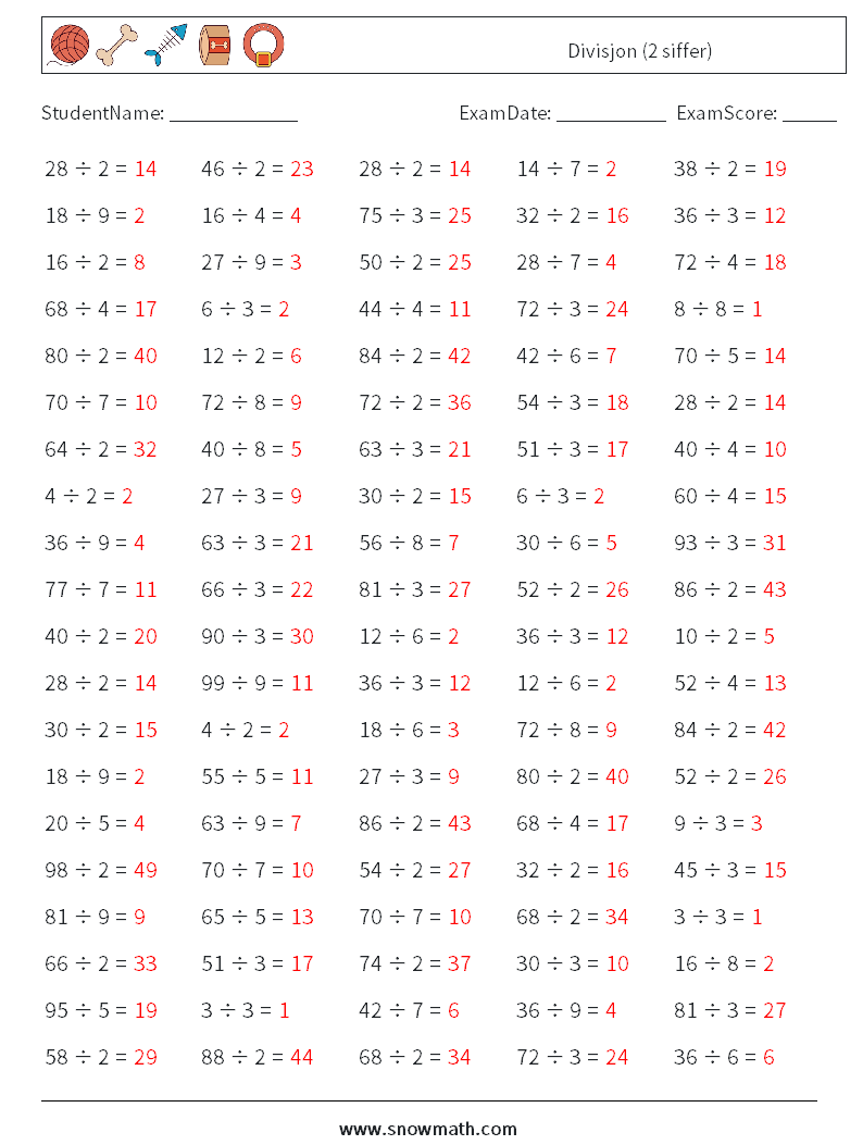 (100) Divisjon (2 siffer) MathWorksheets 6 QuestionAnswer