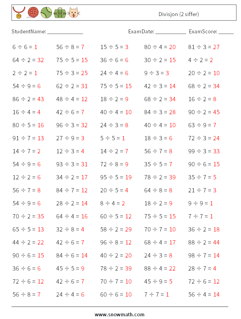 (100) Divisjon (2 siffer) MathWorksheets 7 QuestionAnswer