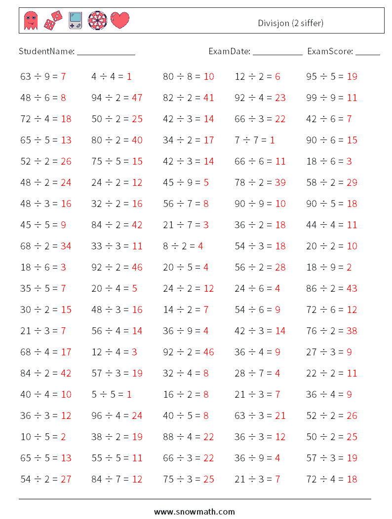 (100) Divisjon (2 siffer) MathWorksheets 8 QuestionAnswer