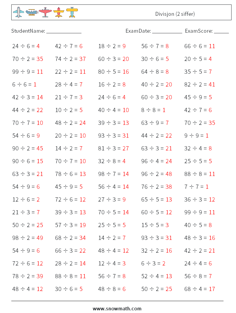 (100) Divisjon (2 siffer) MathWorksheets 9 QuestionAnswer
