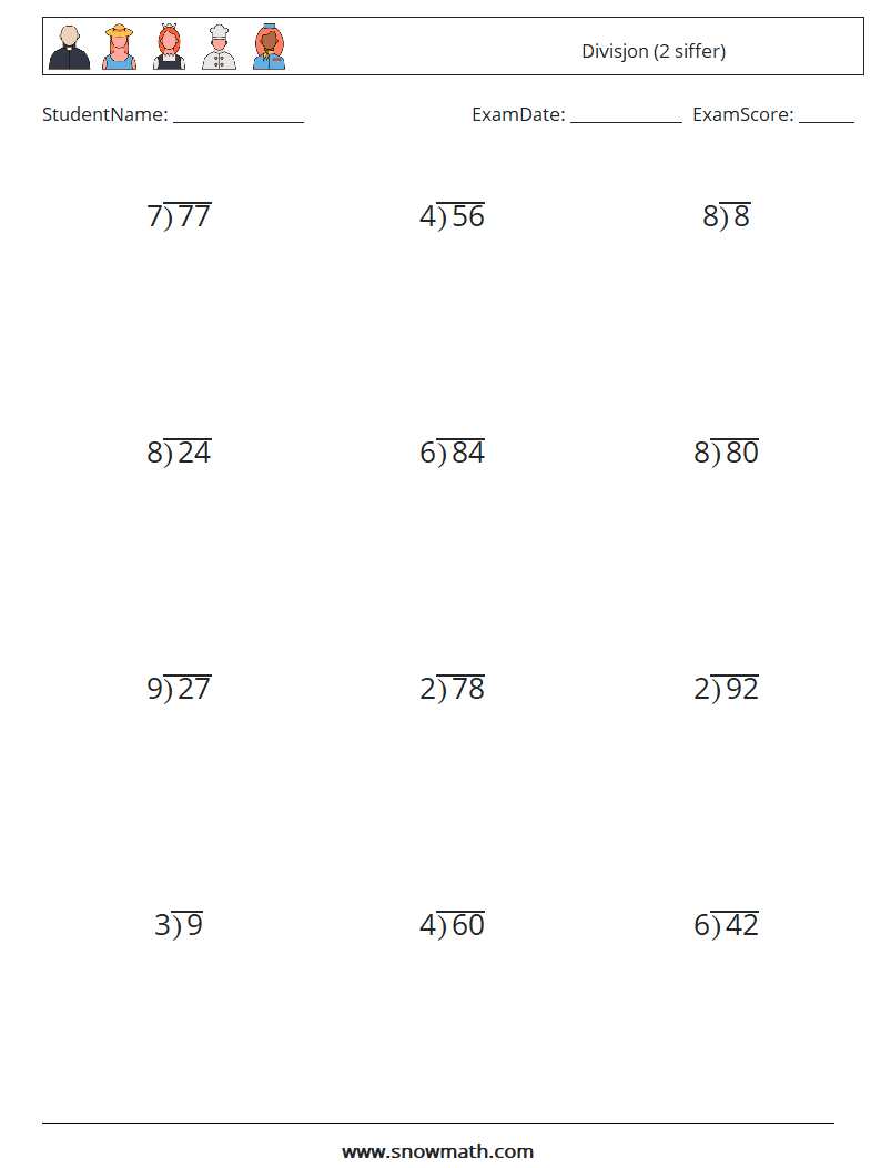 (12) Divisjon (2 siffer) MathWorksheets 10