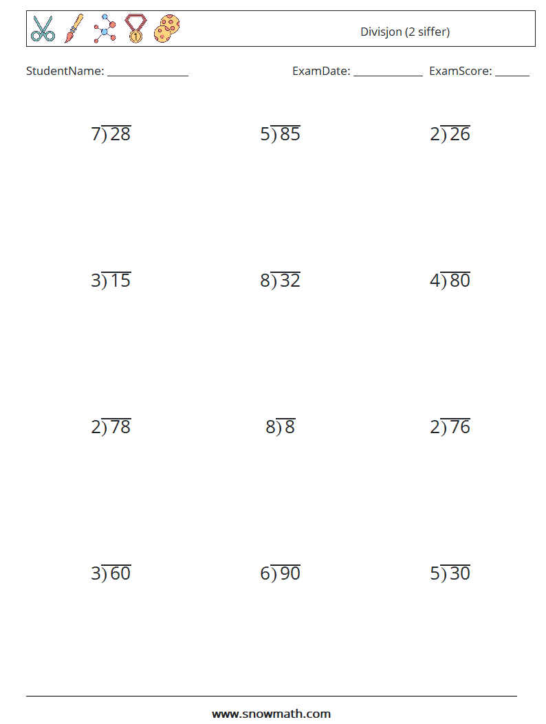 (12) Divisjon (2 siffer) MathWorksheets 12