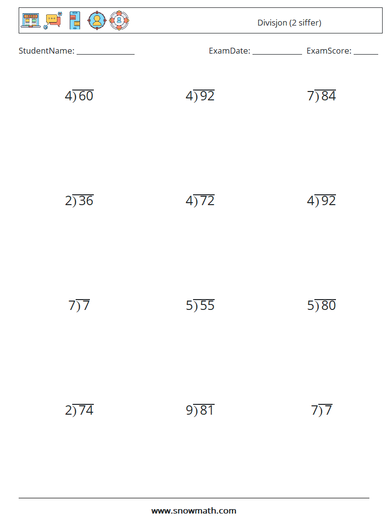 (12) Divisjon (2 siffer) MathWorksheets 13